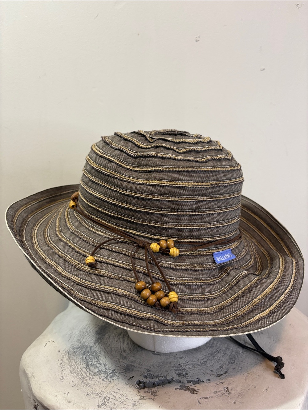Wallaroo Breton Chocolate Brown Natural Stripe Wood Beaded Leather Cord Sun Hat